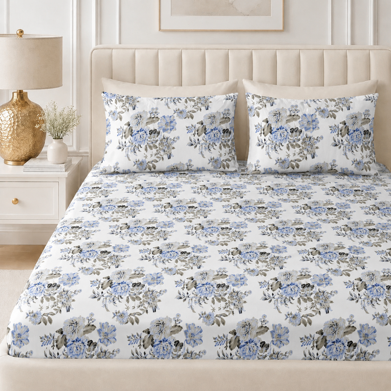Celestial Bloom King Size Bedsheet Set | 210 TC Perkale | 100% Pure Cotton | 2 Pillow Covers | Blue