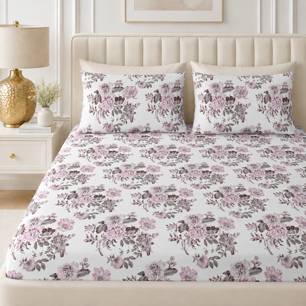 Celestial Bloom King Size Bedsheet Set | 210 TC Perkale | 100% Pure Cotton | 2 Pillow Covers | Pink