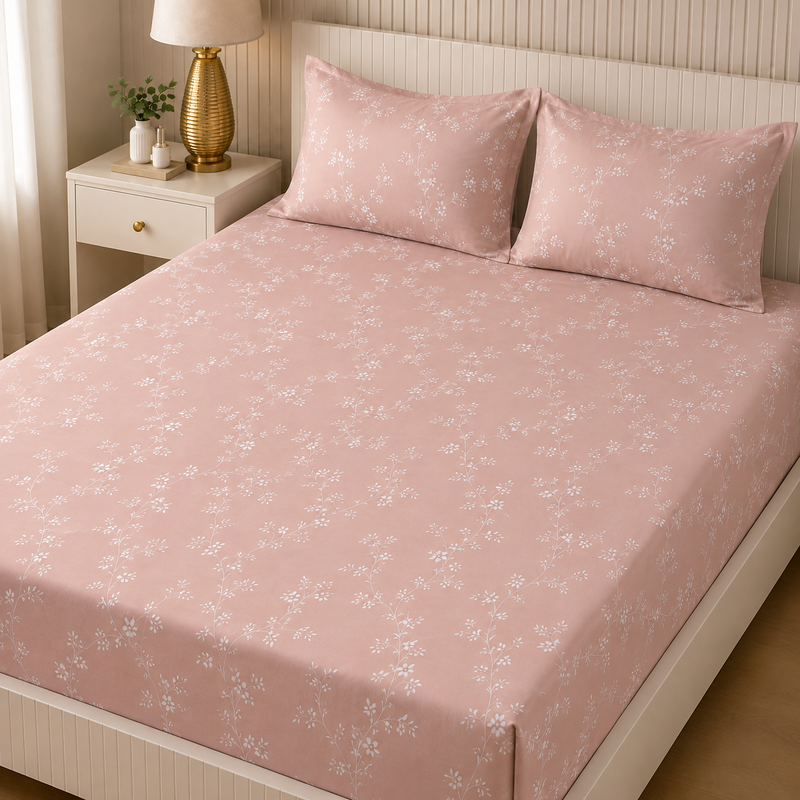 Rose Vine King Bedsheet Set | 300 TC | 100% Pure Cotton | Light Pink