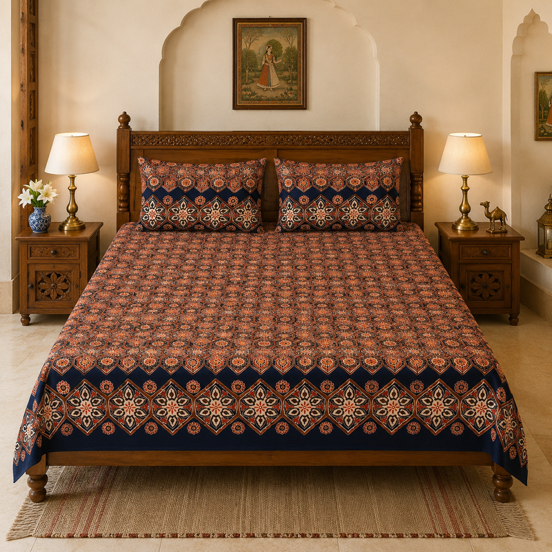Indigo Mahal Jaipuri King Size Bedsheet | 100% Pure Cotton | Navy Blue