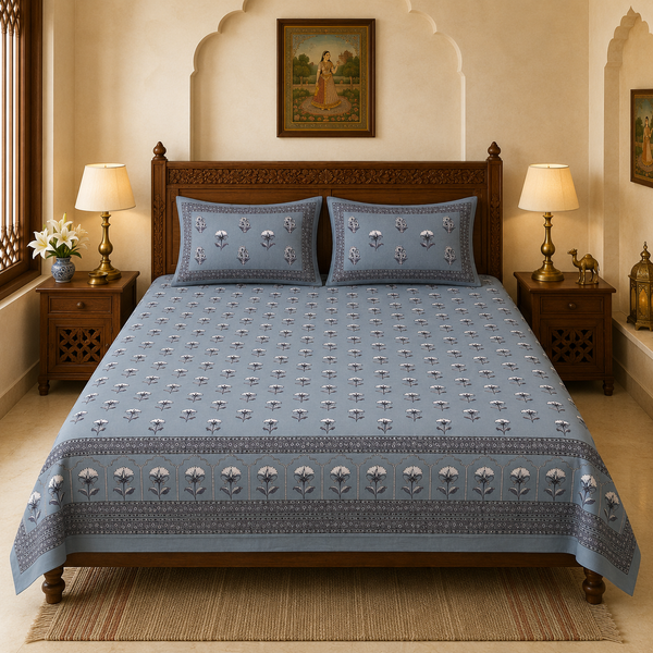 Sanganer Bloom Jaipuri King Size Bedsheet | 100% Pure Cotton