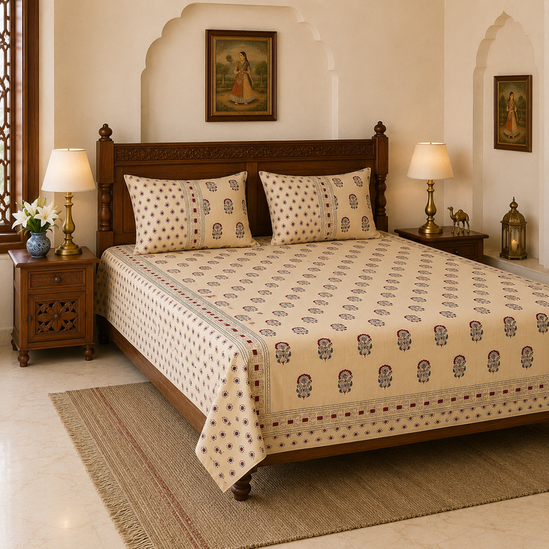 Kesari Trail Jaipuri King Size Bedsheet | 100% Pure Cotton