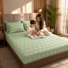 Hathi Mahal King Bedsheet Set | 210 TC | 100% Pure Cotton | 2 Pillow Covers with Piping | Light Green