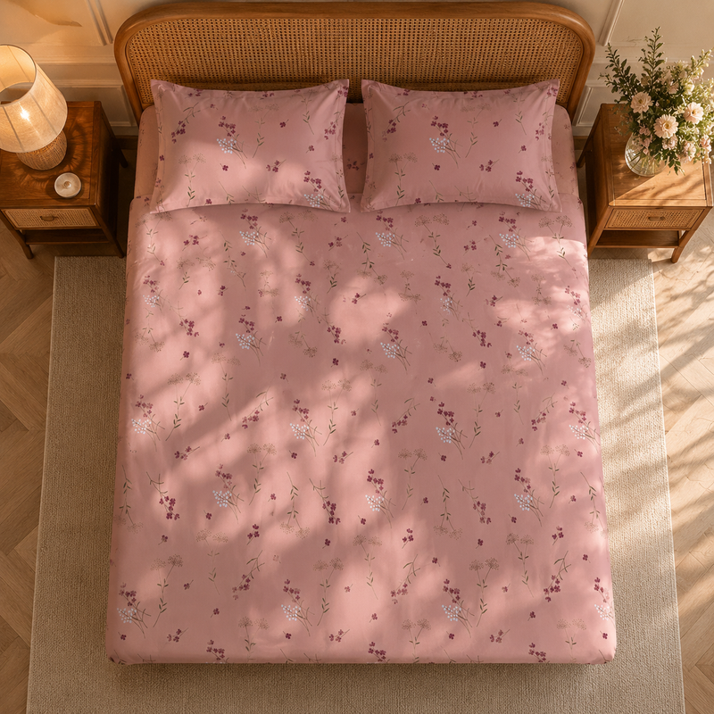 Breeze Garden Bedsheet Set | 600 TC | 100% Satin Cotton | Pink