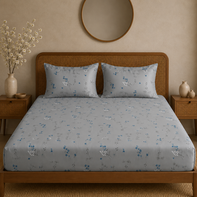 Breeze Garden Bedsheet Set | 600 TC | 100% Satin Cotton | Grey