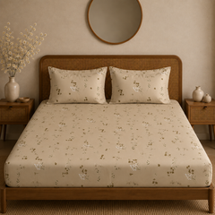 Breeze Garden Bedsheet Set | 600 TC | 100% Satin Cotton | Beige