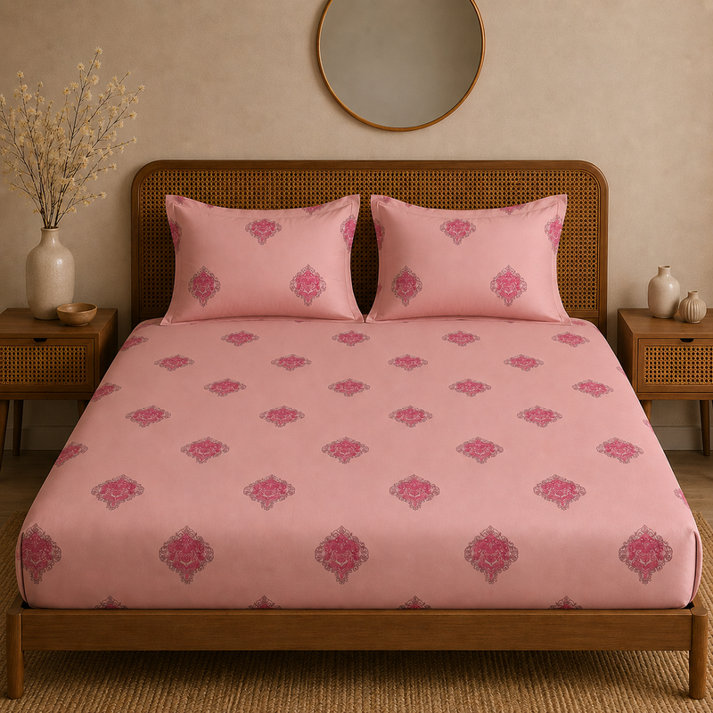 Vintage Crest Bedsheet Set | 600 TC | 100% Satin Cotton | Pink