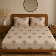 Vintage Crest Bedsheet Set | 600 TC | 100% Satin Cotton | Soft Beige