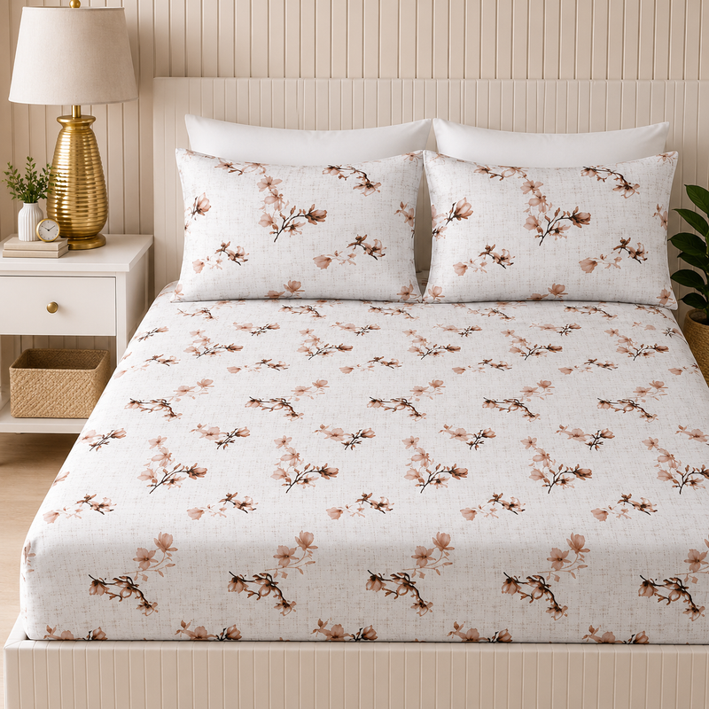 Petal Drift King Bedsheet Set | 300 TC | 100% Pure Cotton | Autumn