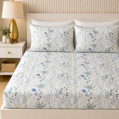Meadow Calm King Bedsheet Set | 300 TC | 100% Pure Cotton | Blue