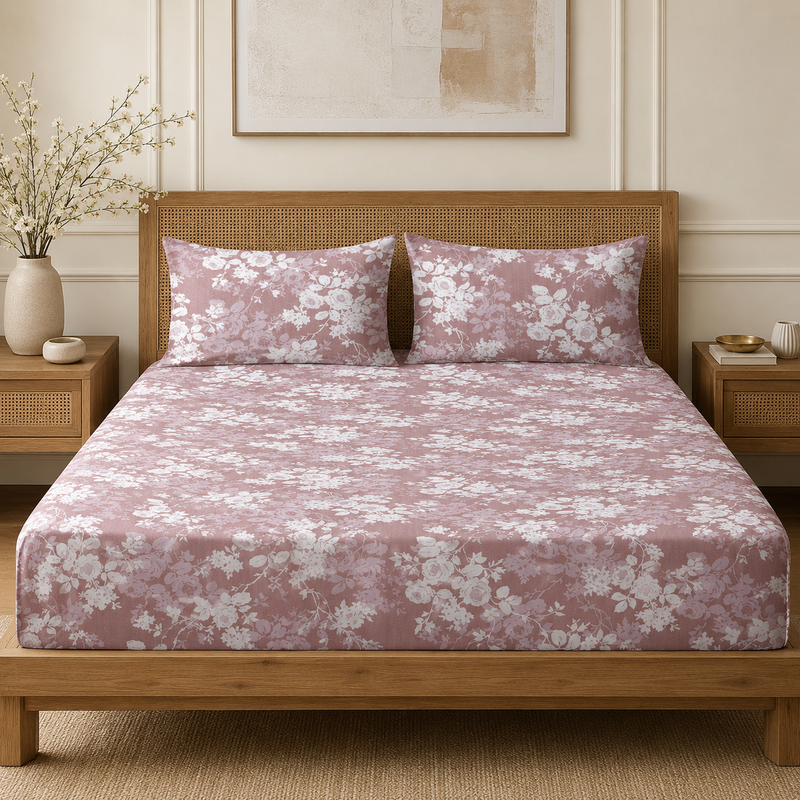 Heavenly Florals King Bedsheet Set | 300 TC | 100% Pure Cotton | Pink