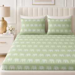 Hathi Mahal King Bedsheet Set | 210 TC | 100% Pure Cotton | 2 Pillow Covers with Piping | Light Green