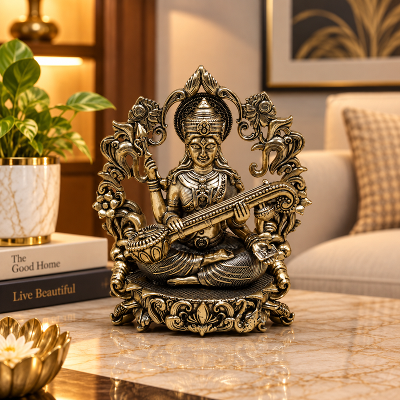 Goddess Saraswati with Veena Brass Idol | 4" | 100% Brass