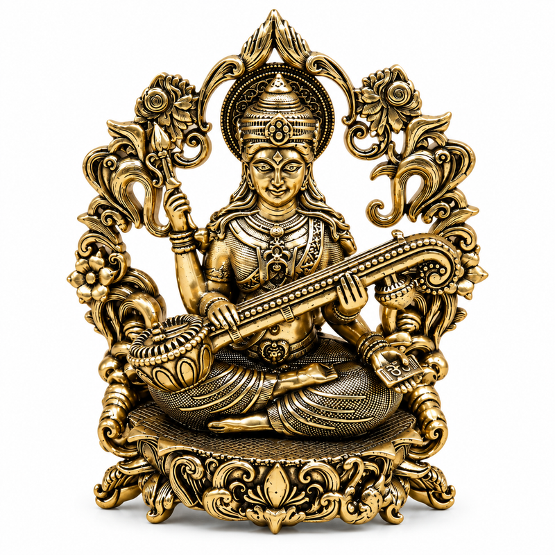 Goddess Saraswati with Veena Brass Idol | 4" | 100% Brass
