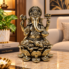 Lord Ganesha Seated on Lotus Brass Idol | 4" | 100% Brass