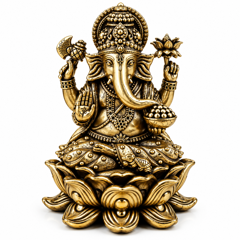 Lord Ganesha Seated on Lotus Brass Idol | 4" | 100% Brass