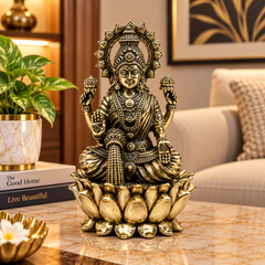 Goddess Lakshmi Seated on Lotus Brass Idol | 5" | 100% Brass