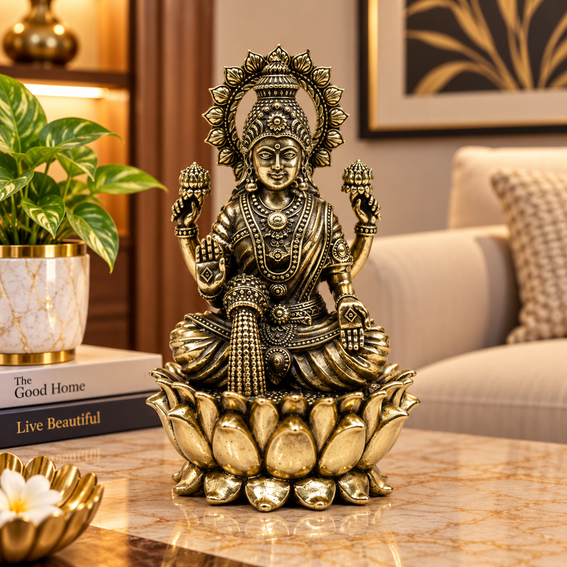 Goddess Lakshmi Seated on Lotus Brass Idol | 5" | 100% Brass