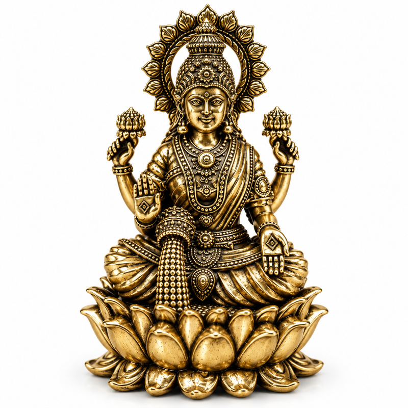 Goddess Lakshmi Seated on Lotus Brass Idol | 5" | 100% Brass