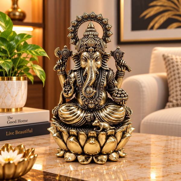 Lord Ganesha Seated on Lotus Brass Idol | 5" | 100% Brass