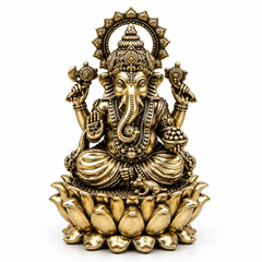 Lord Ganesha Seated on Lotus Brass Idol | 5" | 100% Brass