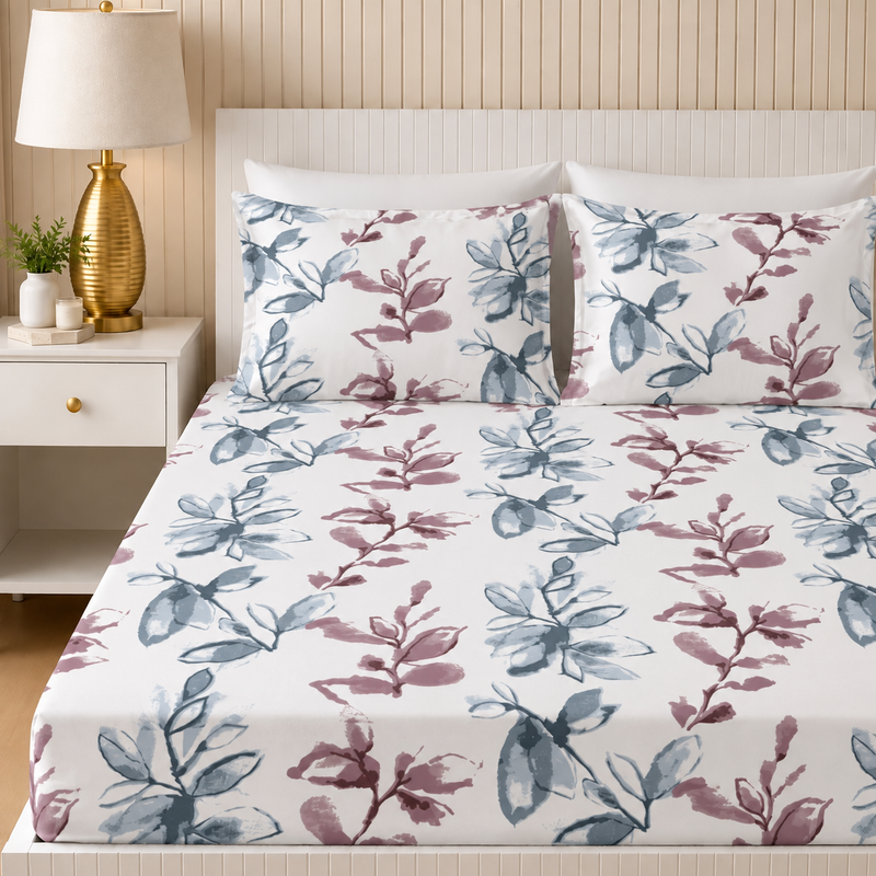 Twilight Botanical King Bedsheet Set | 300 TC | 100% Pure Cotton | Maroon