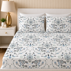 Whispering Folk King Bedsheet Set | 300 TC | 100% Pure Cotton | Blue