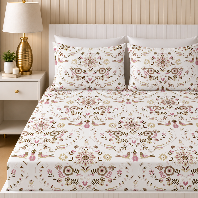 Whispering Folk King Bedsheet Set | 300 TC | 100% Pure Cotton | Rose