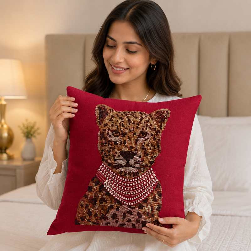 Red Tiger Embellished Cushion Cover - 16x16