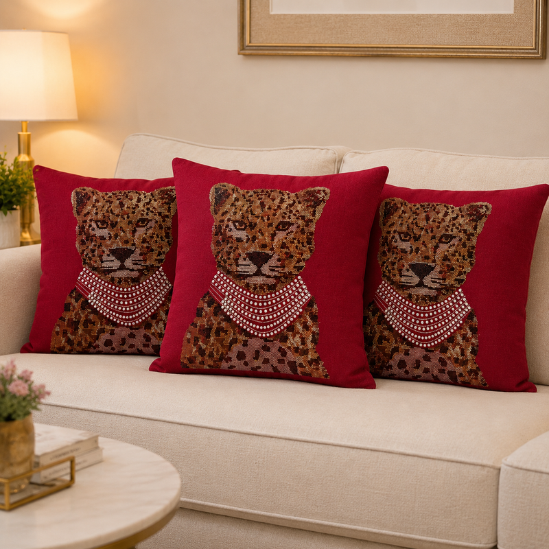 Red Tiger Embellished Cushion Cover - 16x16