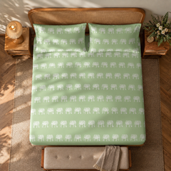 Hathi Mahal King Bedsheet Set | 210 TC | 100% Pure Cotton | 2 Pillow Covers with Piping | Light Green