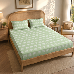 Hathi Mahal King Bedsheet Set | 210 TC | 100% Pure Cotton | 2 Pillow Covers with Piping | Light Green