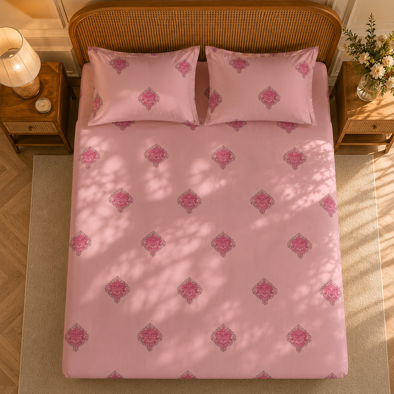 Vintage Crest Bedsheet Set | 600 TC | 100% Satin Cotton | Pink