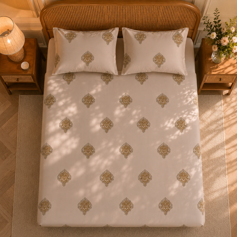Vintage Crest Bedsheet Set | 600 TC | 100% Satin Cotton | Soft Beige