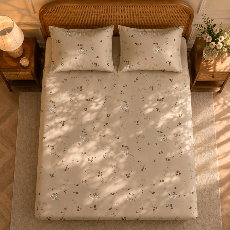 Breeze Garden Bedsheet Set | 600 TC | 100% Satin Cotton | Beige