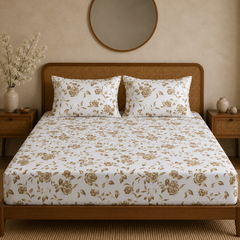 Heritage Bloom Bedsheet Set | 600 TC | 100% Satin Cotton | Sand Gold