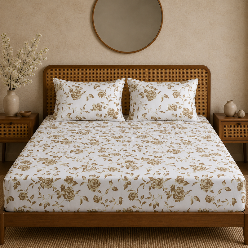 Heritage Bloom Bedsheet Set | 600 TC | 100% Satin Cotton | Sand Gold