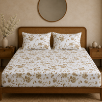 Heritage Bloom Bedsheet Set | 600 TC | 100% Satin Cotton | Sand Gold