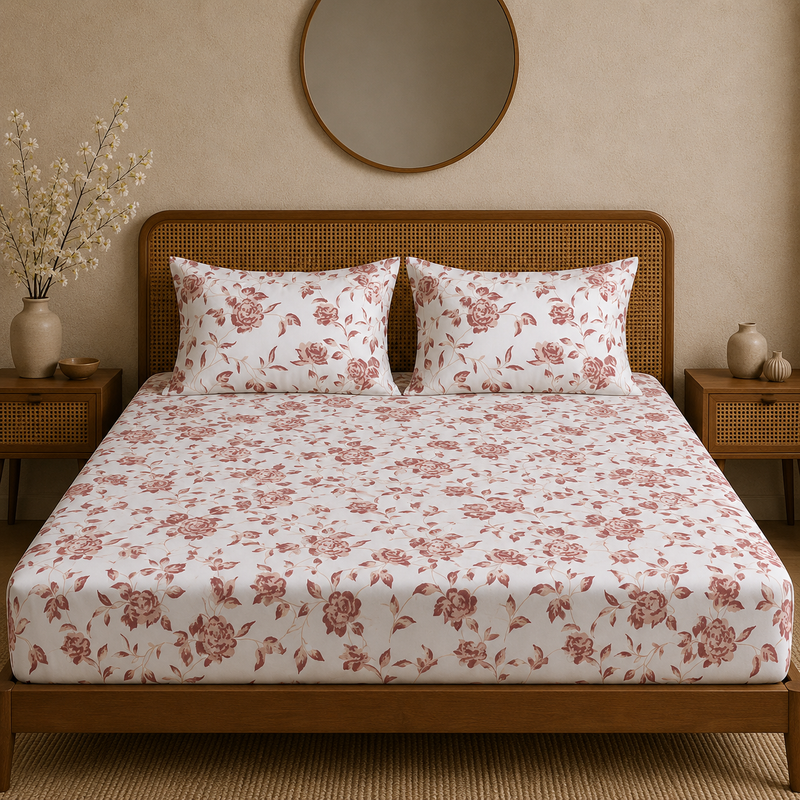 Heritage Bloom Bedsheet Set | 600 TC | 100% Satin Cotton | Dusty Rose