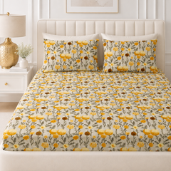 Bloomfield King Bedsheet Set | 210 TC | 100% Pure Cotton | 2 Pillow Covers with Piping | Mustard
