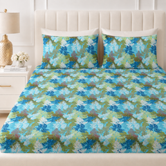 Floral Haven King Bedsheet Set | 210 TC | 100% Pure Cotton | 2 Pillow Covers | Aqua