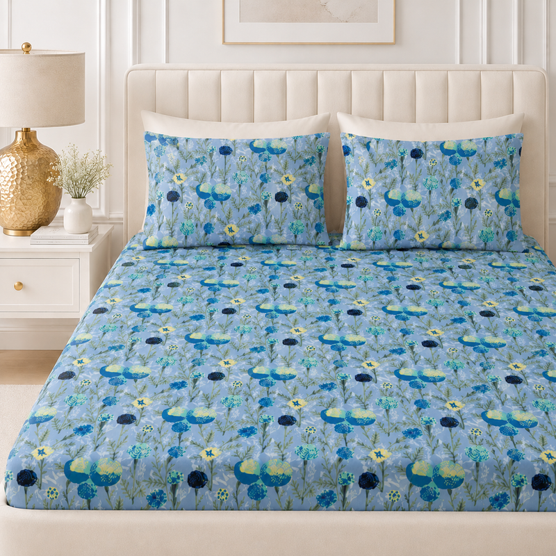 Bloomfield King Bedsheet Set | 210 TC | 100% Pure Cotton | 2 Pillow Covers | Blue