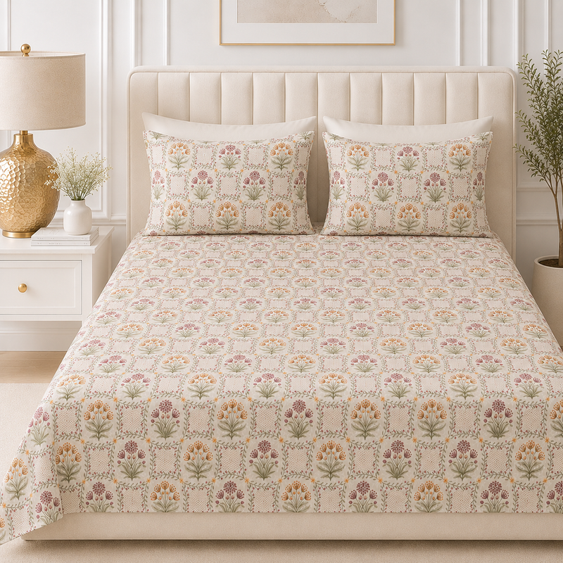 Fleur Royale King Bedsheet Set | 210 TC | 100% Pure Cotton | 2 Pillow Covers with Piping | Purple