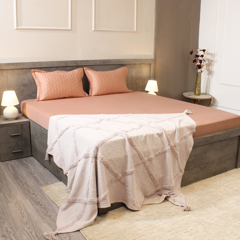 Bedroom with a bed featuring pink bedding and a beige blanket, nightstands with lamps, and a vase on a shelf.