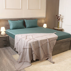 Bedroom with a bed featuring teal bedding and a gray throw blanket, nightstands with lamps, and decorative elements.