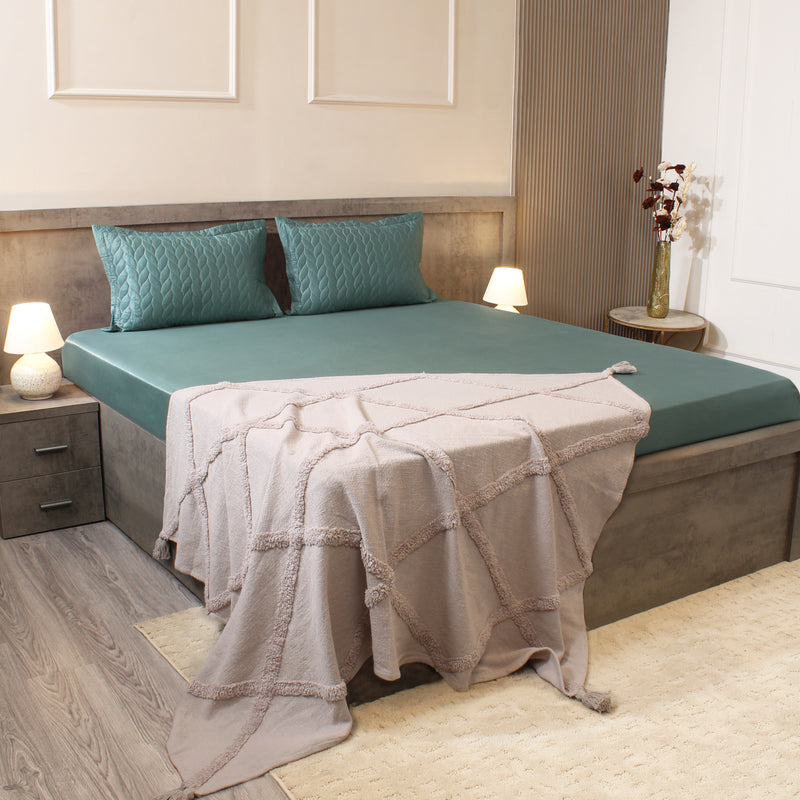 Bedroom with a bed featuring teal bedding and a gray throw blanket, nightstands with lamps, and decorative elements.