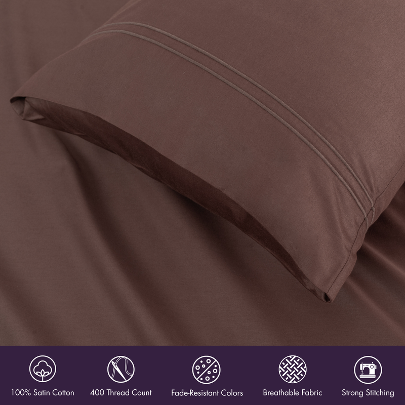 Classic Royale King Bedsheet Set | 400 TC | 100% Satin Cotton | 2 Pillow Covers | Coffee