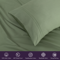 Classic Royale King Bedsheet Set | 400 TC | 100% Satin Cotton | 2 Pillow Covers | Moss