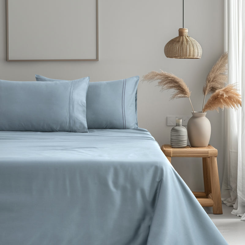 Classic Royale King Bedsheet Set | 400 TC | 100% Satin Cotton | 2 Pillow Covers | Sky Blue
