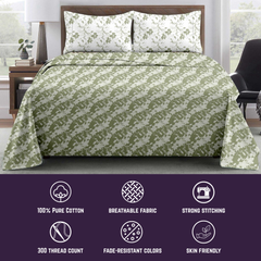 Dual Harmony King Bedsheet Set | 300 TC | 100% Pure Cotton | Green